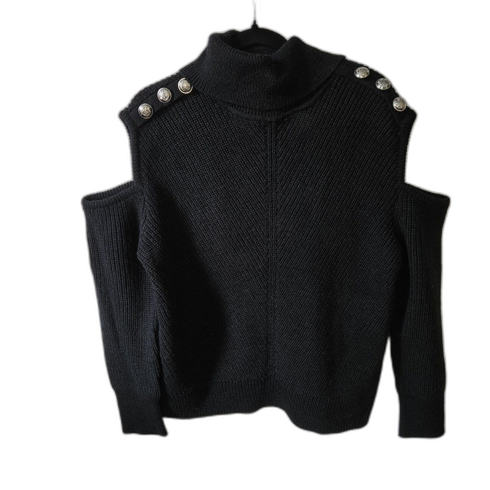 I.N.C. Black Ribbed Cold Shoulder Turtle Neck Sweater Buttons Size Large NWT